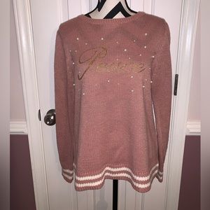 Pink & Gold with pearls sweater, with Peace wrote in Gold, size Large